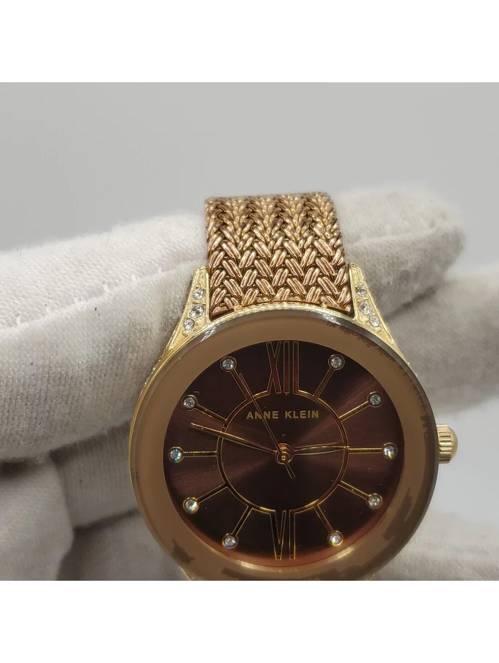 Ann Klein Gold Tone Rhinestone Case Watch Women 30mm New Battery